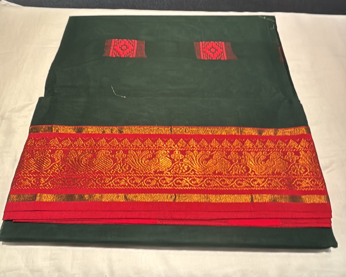 Beautiful Dark Green Color Kanchi Cotton With Gold Zari Work Border Saree For Women