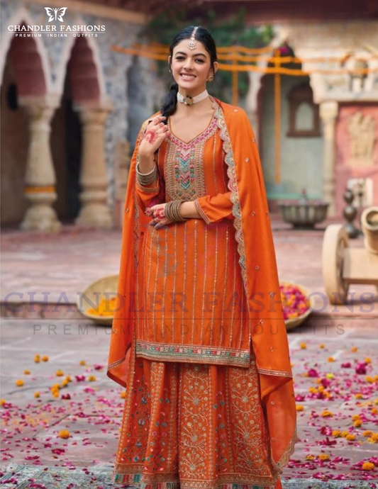 Magnificent Orange Color Chinon With Embroidery Work Palazzo Suits For Women
