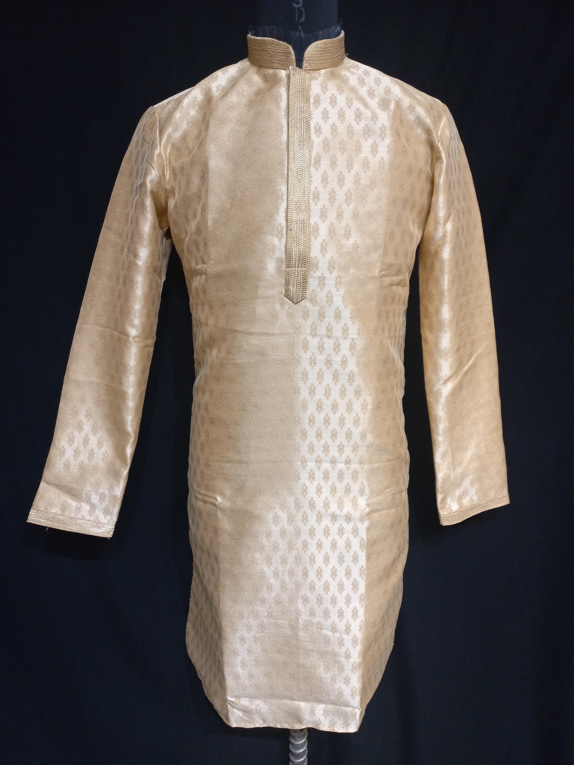 Dazzling Gold Colored Zari Work Banarasi Brocade Kurta Pajama Sets For Men
