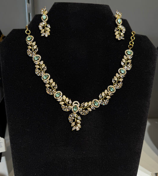 Beautiful Green And White Color Stones Gold Plated Necklace With Earrings Set