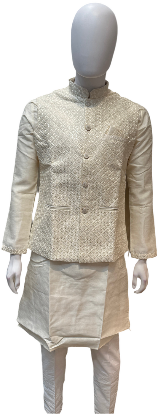 Pretty Cream Color Banglori Silk With Embroidery Work Kurta And Pajama With Koti Jacket For Men