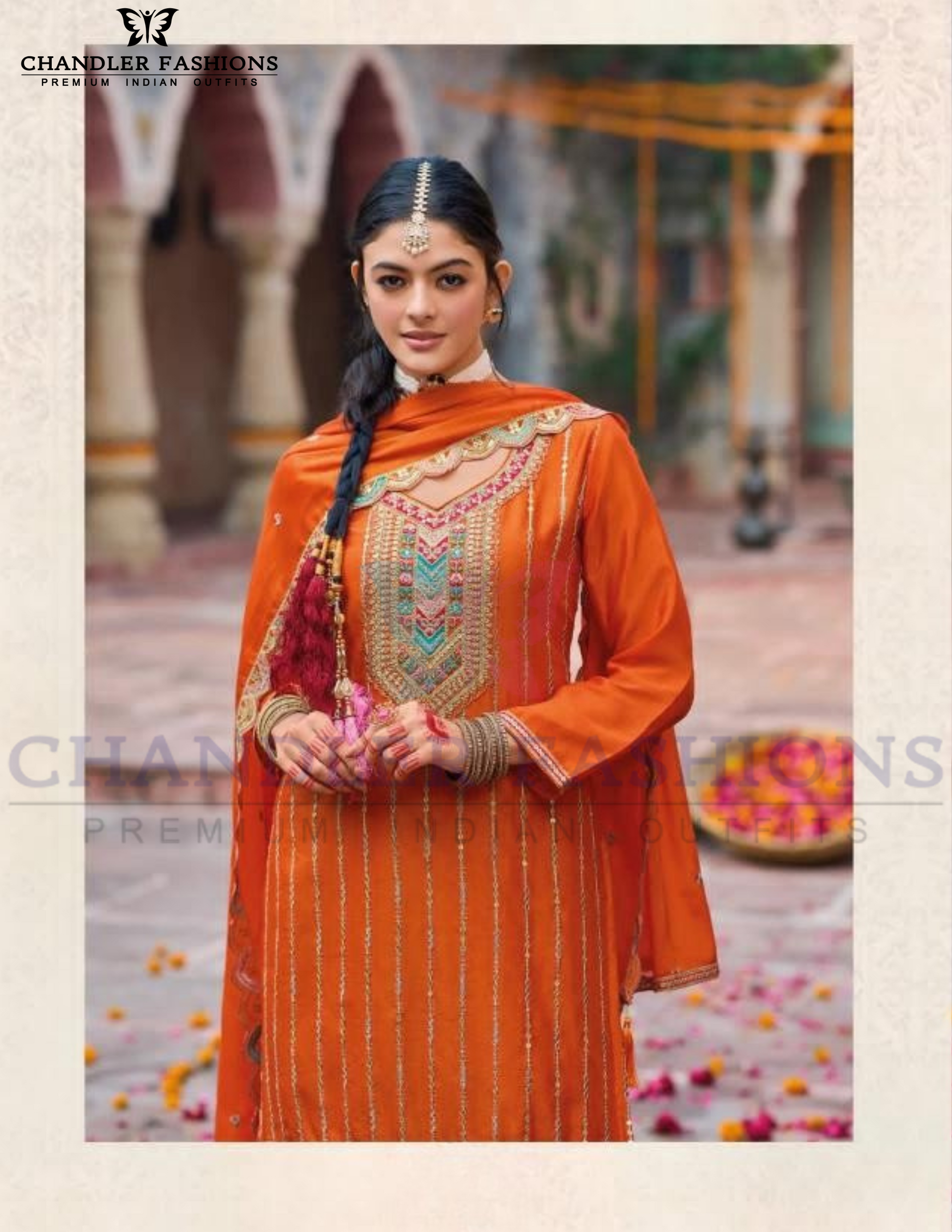 Magnificent Orange Color Chinon With Embroidery Work Palazzo Suits Near Me