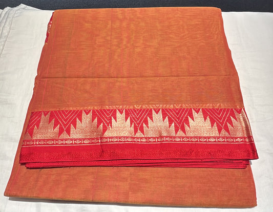 Elagant Orange Color Kanchi Cotton With Gold Zari Work Border Saree For Women