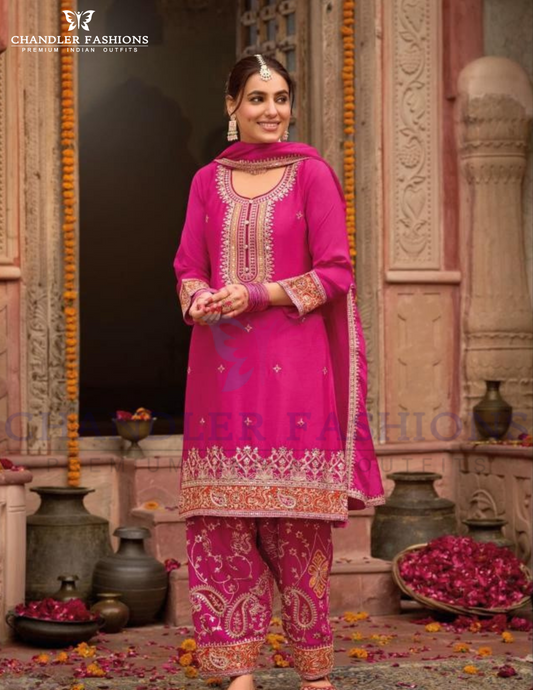 Divine Pink Color Chinon With Embroidery Work Palazzo Suits For Women