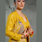 Appealing Mustard Yellow Color Embroidery Work Indo Western Lehenga For Women Near Me