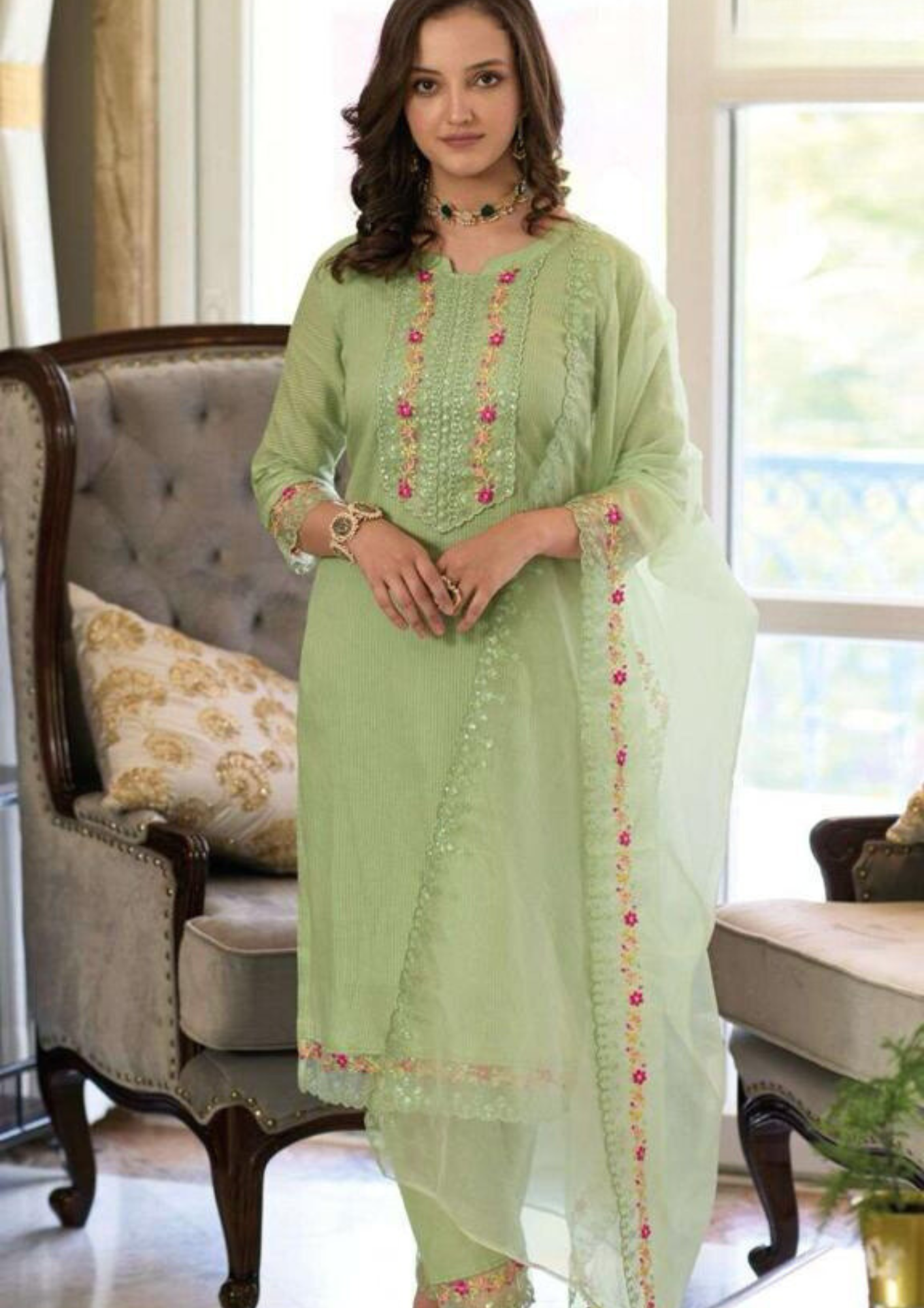 Alluring Green Color Cotton Kurti & Pant With Dupatta In Tempe