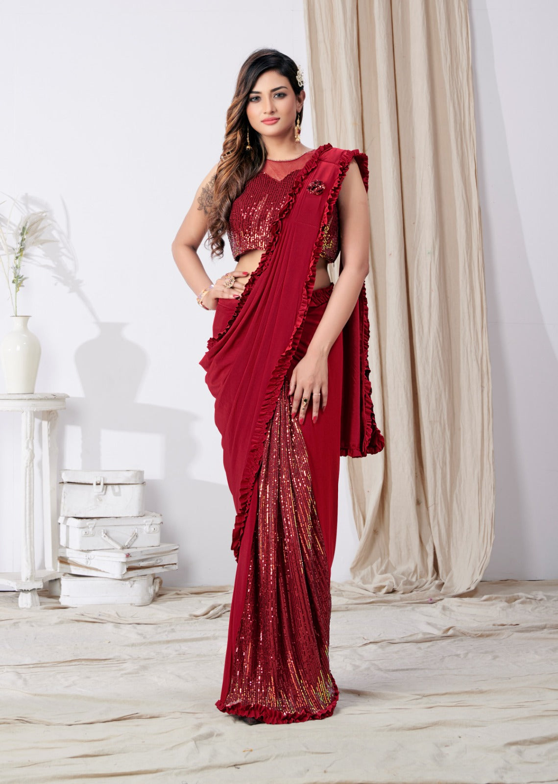Beautiful Red Color Sequins Work Ready To Wear One Minute Designer Saree