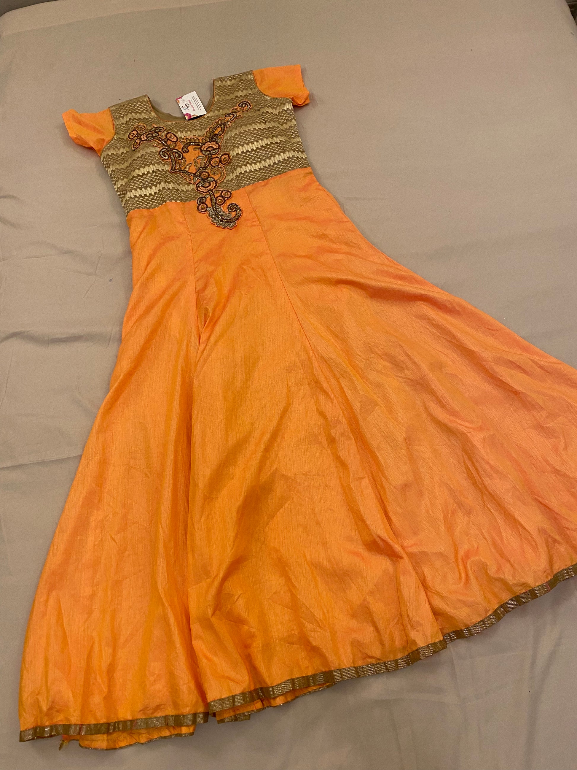 Trendy Designer Orange Color Long Dress With Embroidery Work For Girls