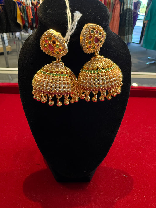 Beautiful Multicolor Stones Embadded Gold Plated Jhumkas For Women