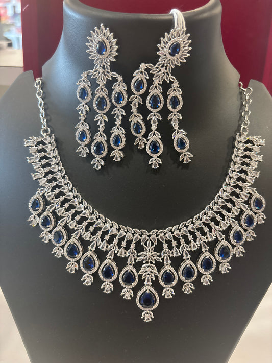 Wonderful Blue And White Color Stone American Diamond Necklace With Earrings Set