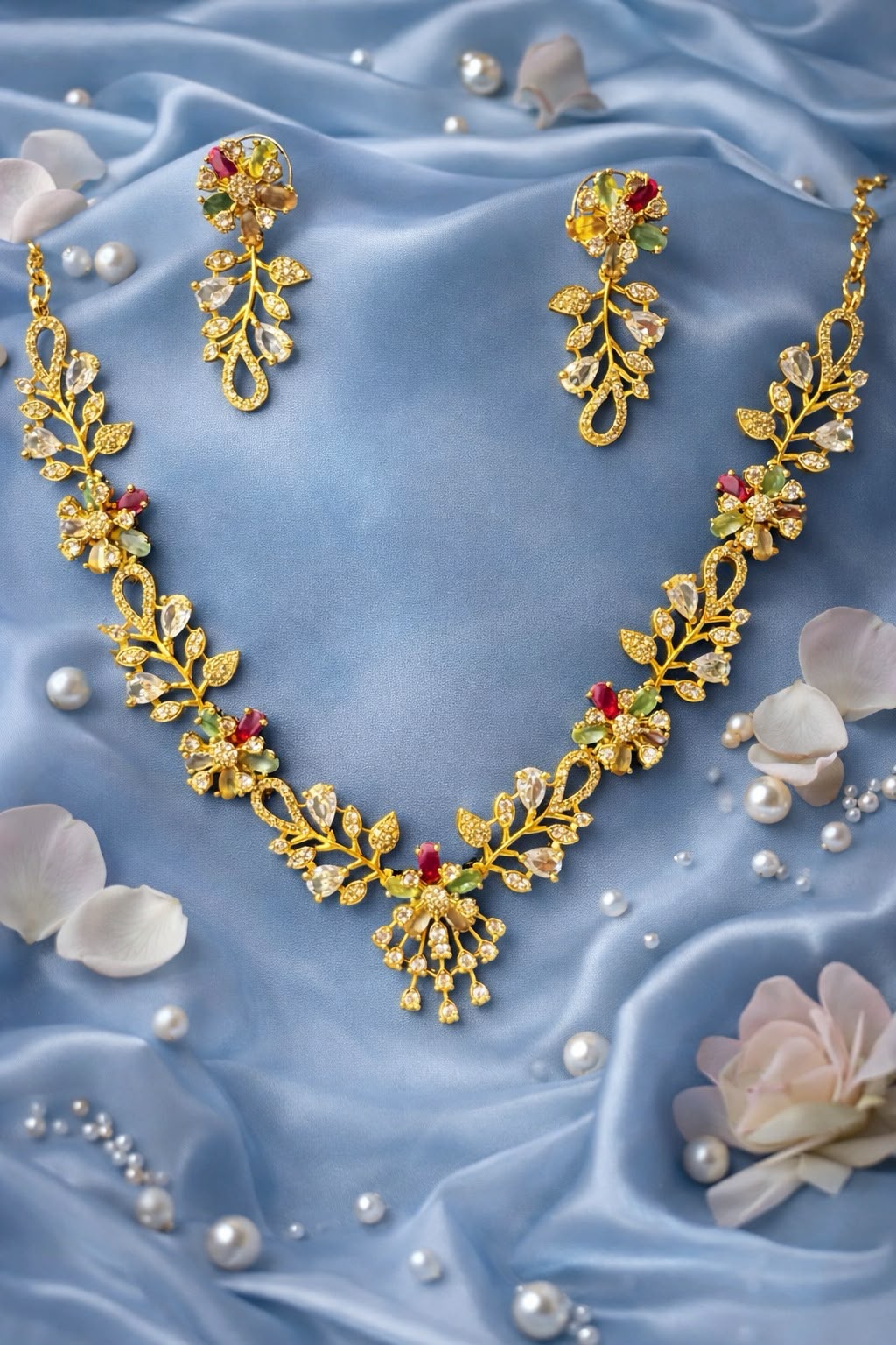 Alluring Gold Plated Pink And White Stones Necklace Set For Women
