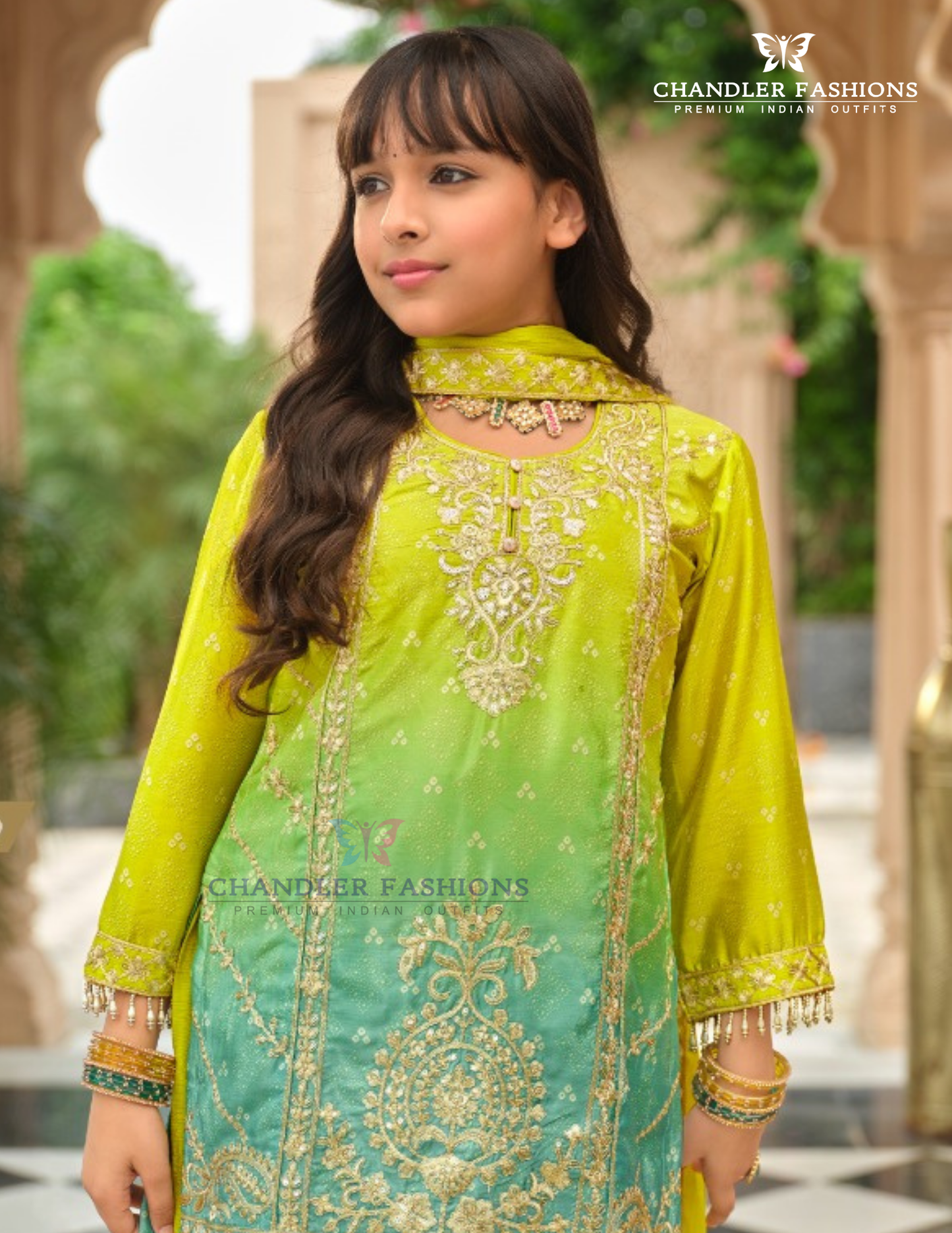 Lime Green Color Chinon With Embroidery Work Palazzo Suits In USA