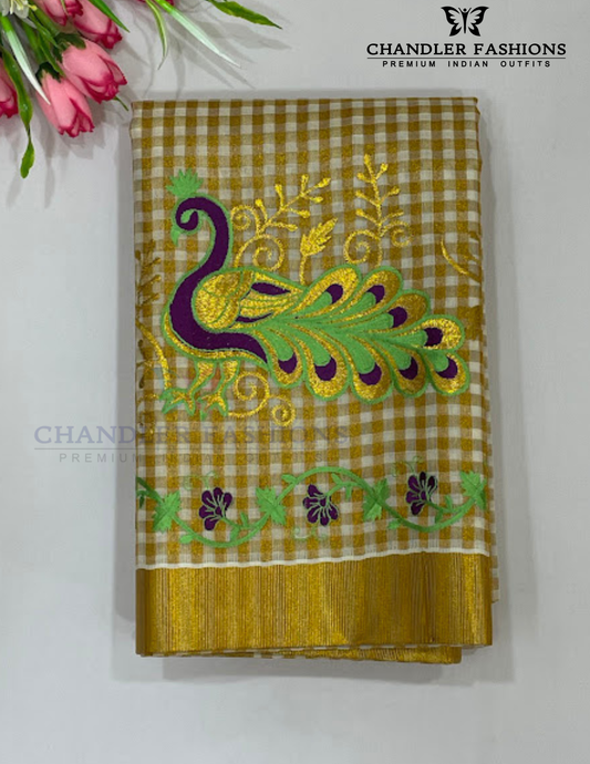 Wonderful Kerala Cotton Peacock Embroidery Saree With Copper Zari Border 