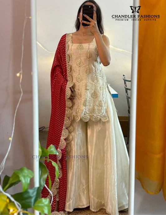 Captivating Off White Color Chinon With Embroidery And Sequins Work Palazzo Suits With Dupatta