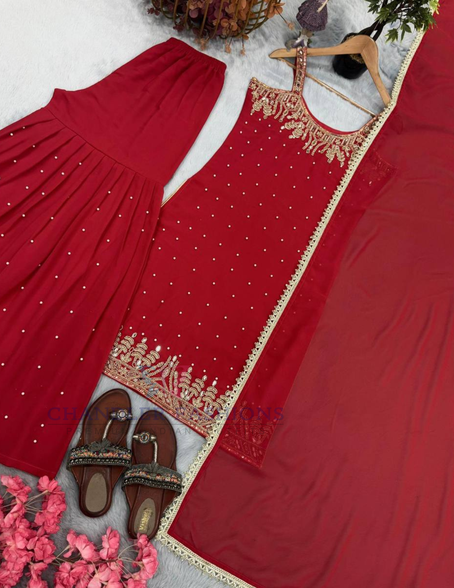 Red Color Georgette Palazzo Suits In Yuma