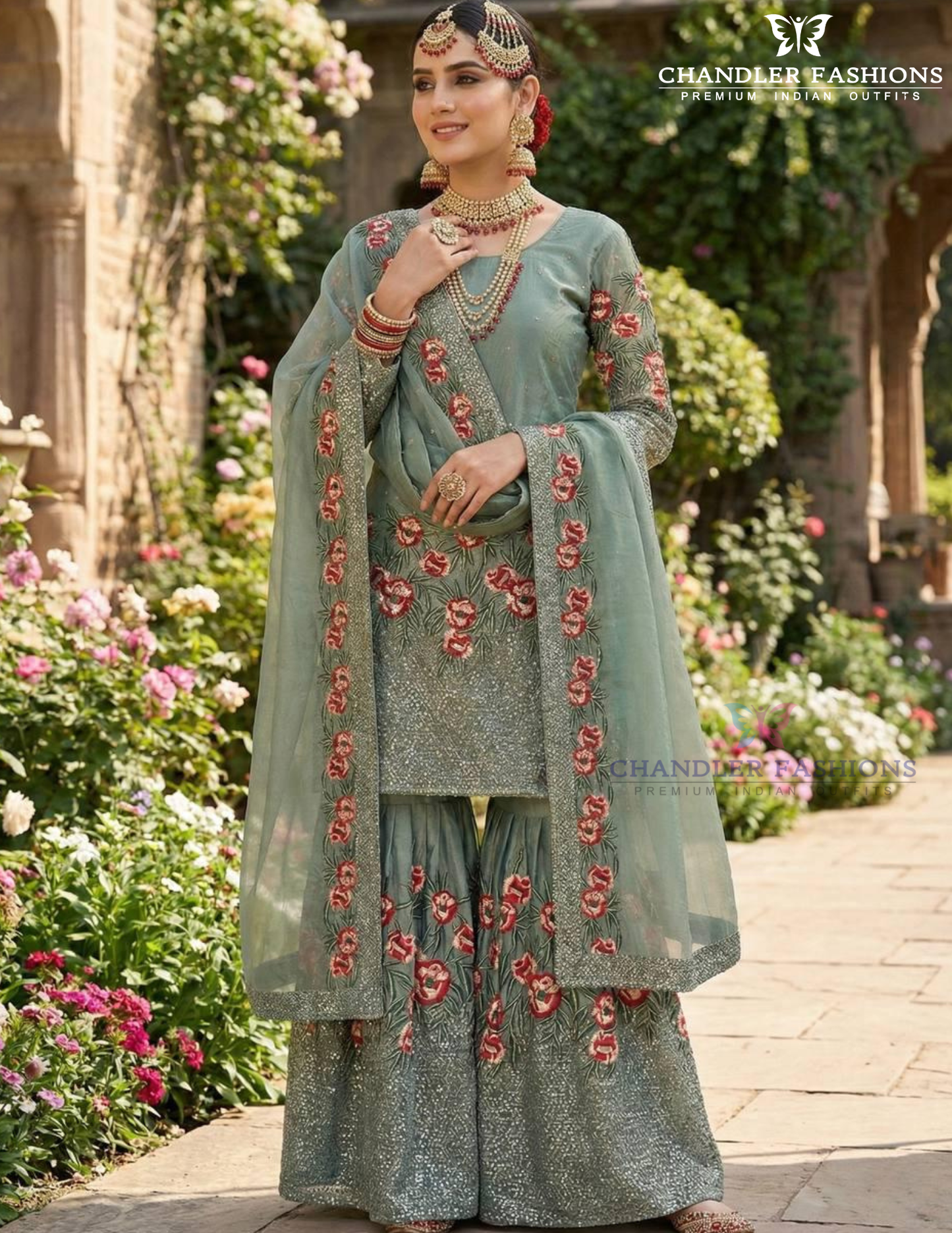 Green Color Silk Work Sharara Suits In USA