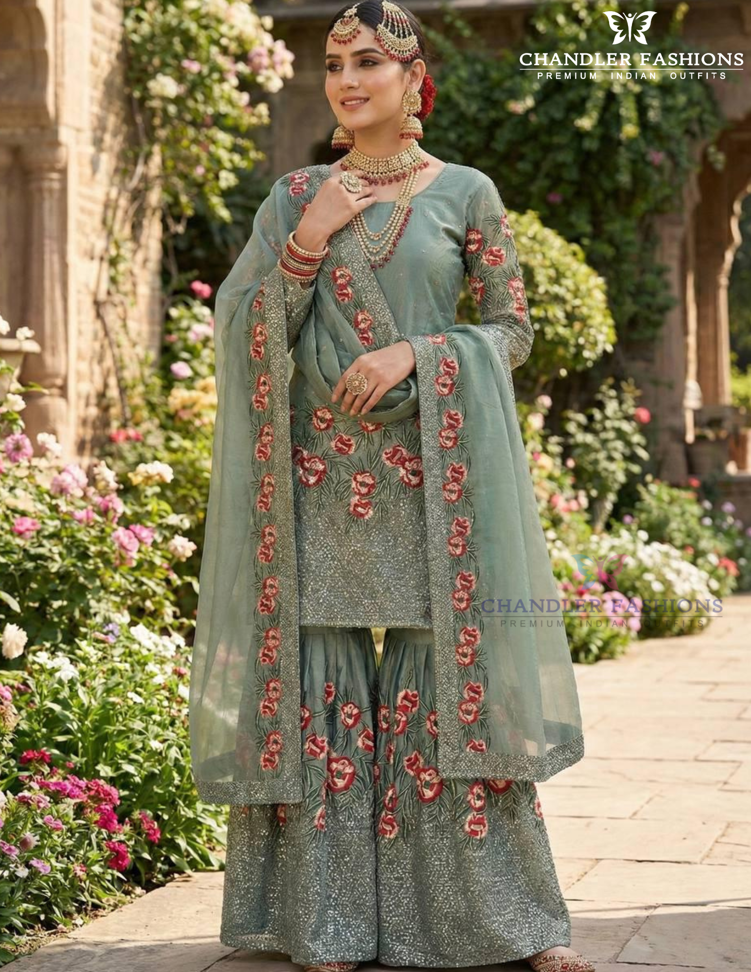 Green Color Silk Work Sharara Suits In USA