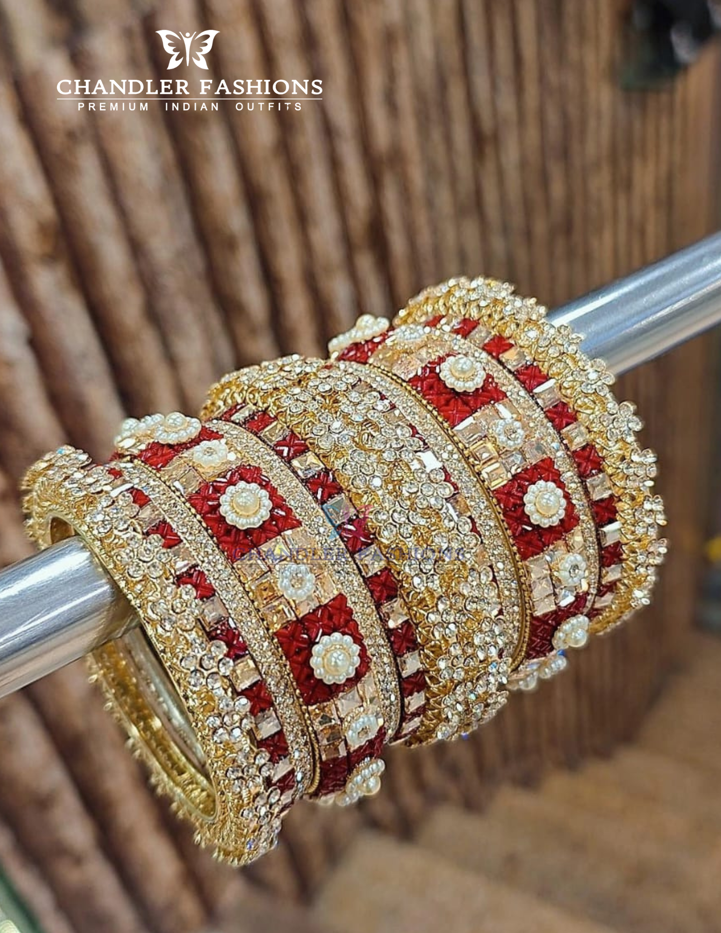 Amazing Metal Bangles Set With White And Maroon Stones For Women