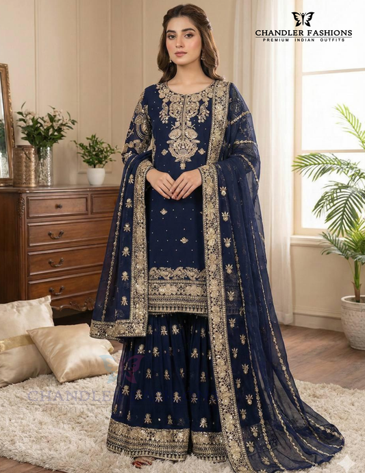 Alluring Navy Blue Color Georgette Sharara Suits With Embroidery Work