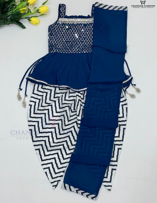 Glorious Teal Blue Colored Embroidery Work Kurti Suits For Kids
