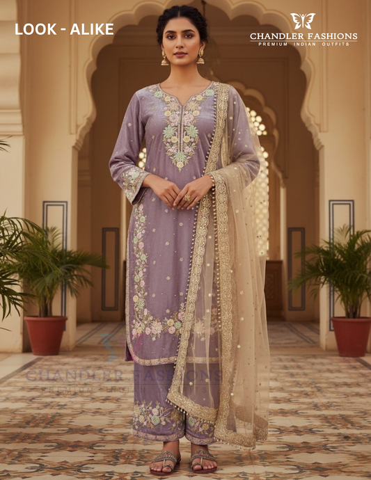 Pretty Lavender Color Embroidery And Sequins Work With Palazzo Suits For Women