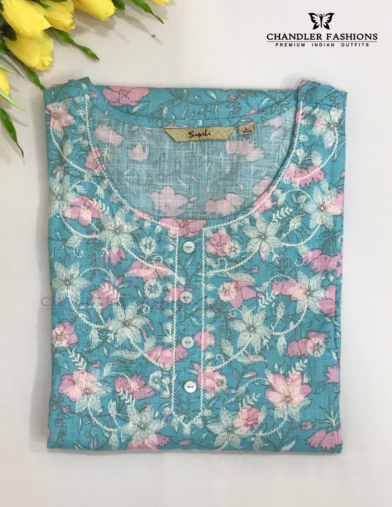 Sky Blue Color Cotton With floral And Embroidery Work Kurti Near Me