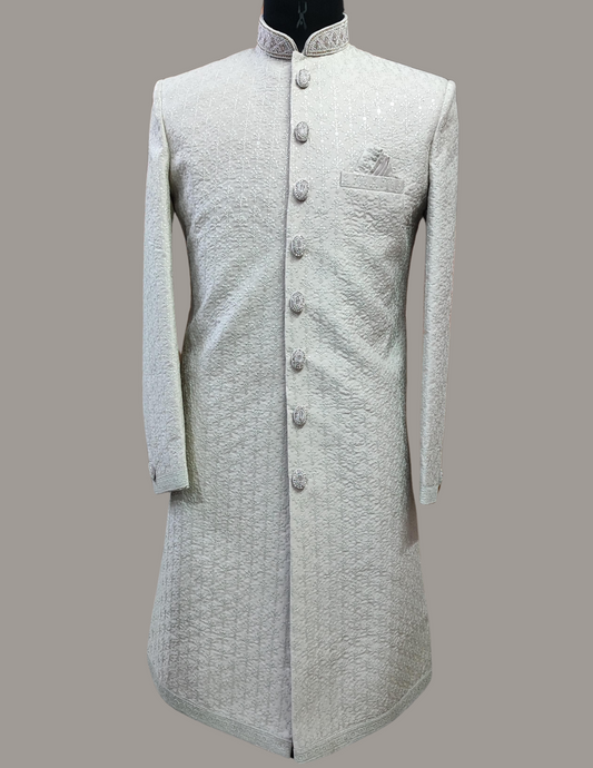 Stunning Cream Color Embroidery Work Sherwani Suit For Men