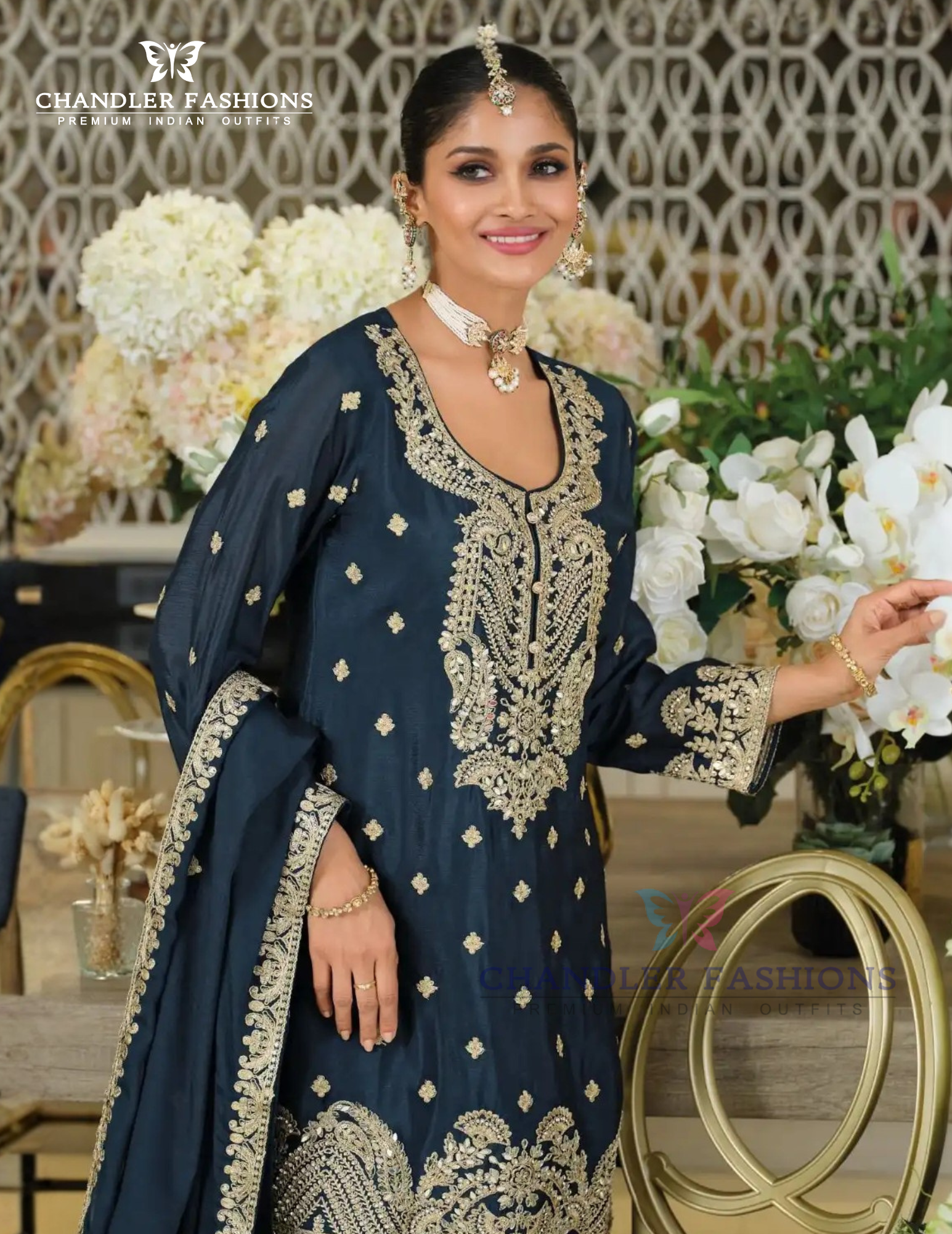 Teal Green Color Chinon Silk Sequins And Embroidery Work Palazzo Suits In USA