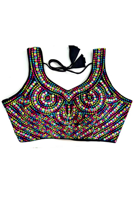 Beautiful Multi Color Embroidery With Mirror Work Sleeveless Readymade Blouse