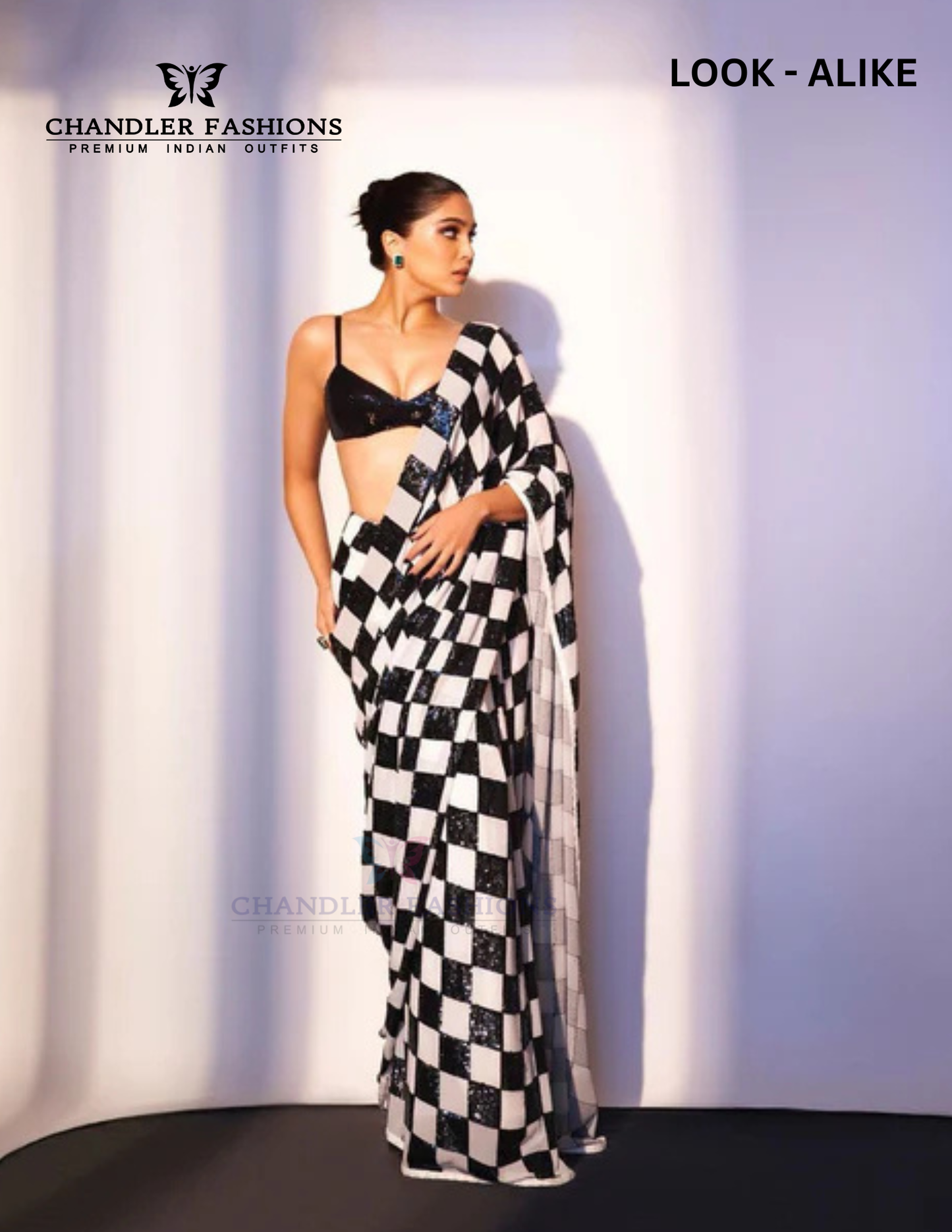 Black And White Colored Soft Georgette Checked Design Sequins Designer Saree Near Me