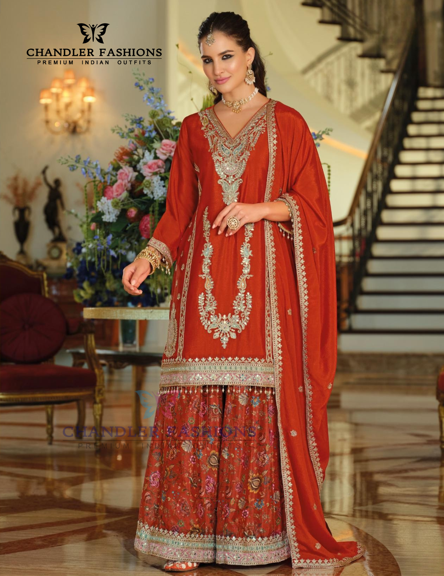 Orange Color Heavy Chinon With Embroidery Work Palazzo Suits And Dupatta Near Me