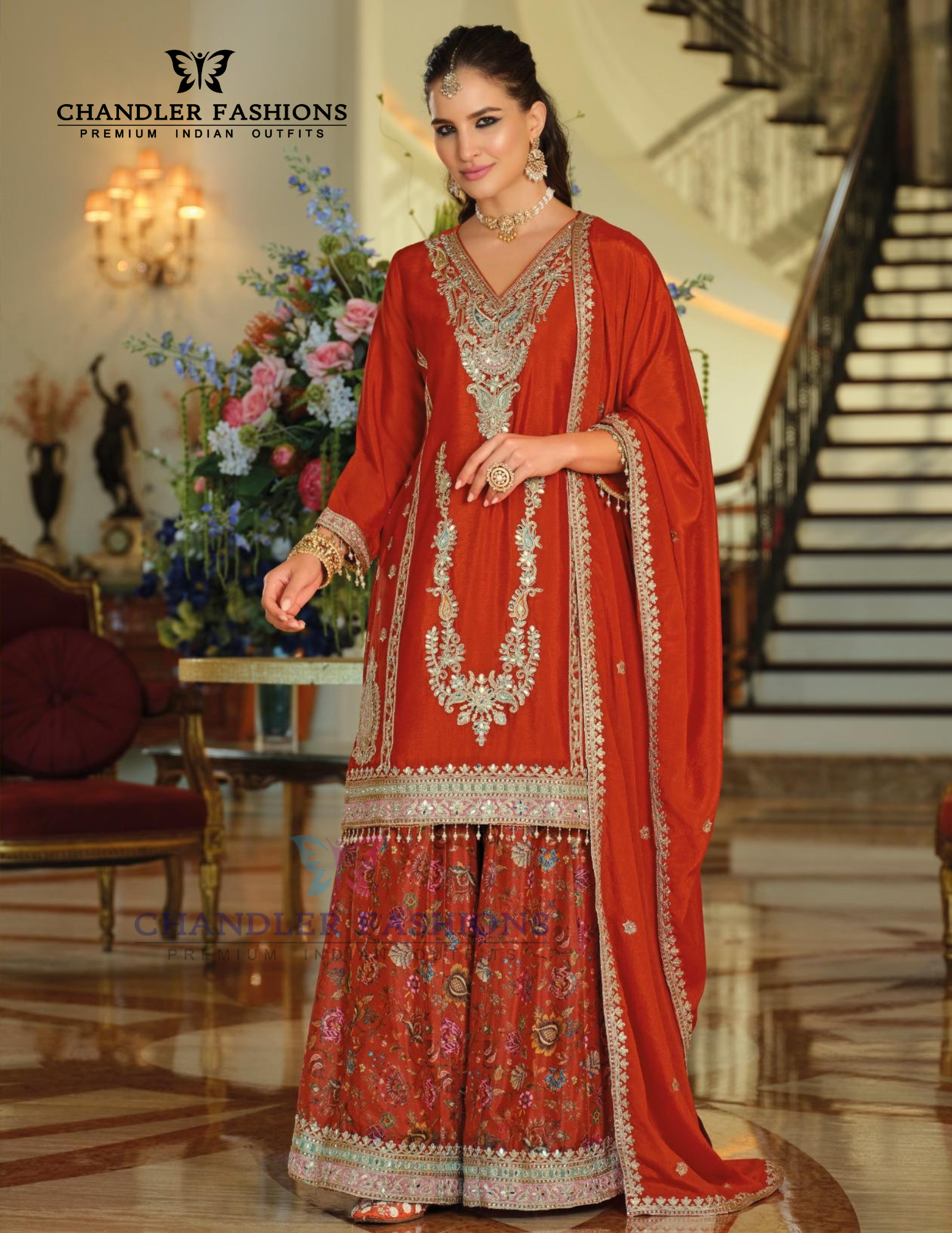 Orange Color Heavy Chinon With Embroidery Work Palazzo Suits And Dupatta Near Me