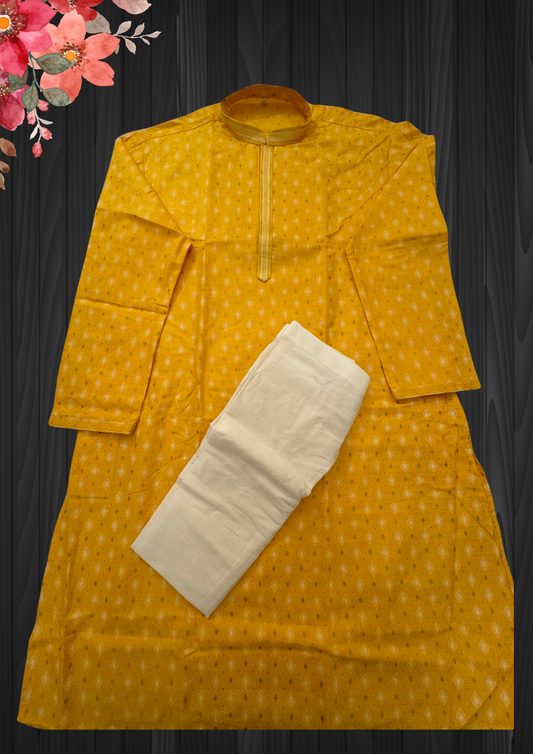 Attractive Yellow Color Cotton Printed Designer Men's Kurta set