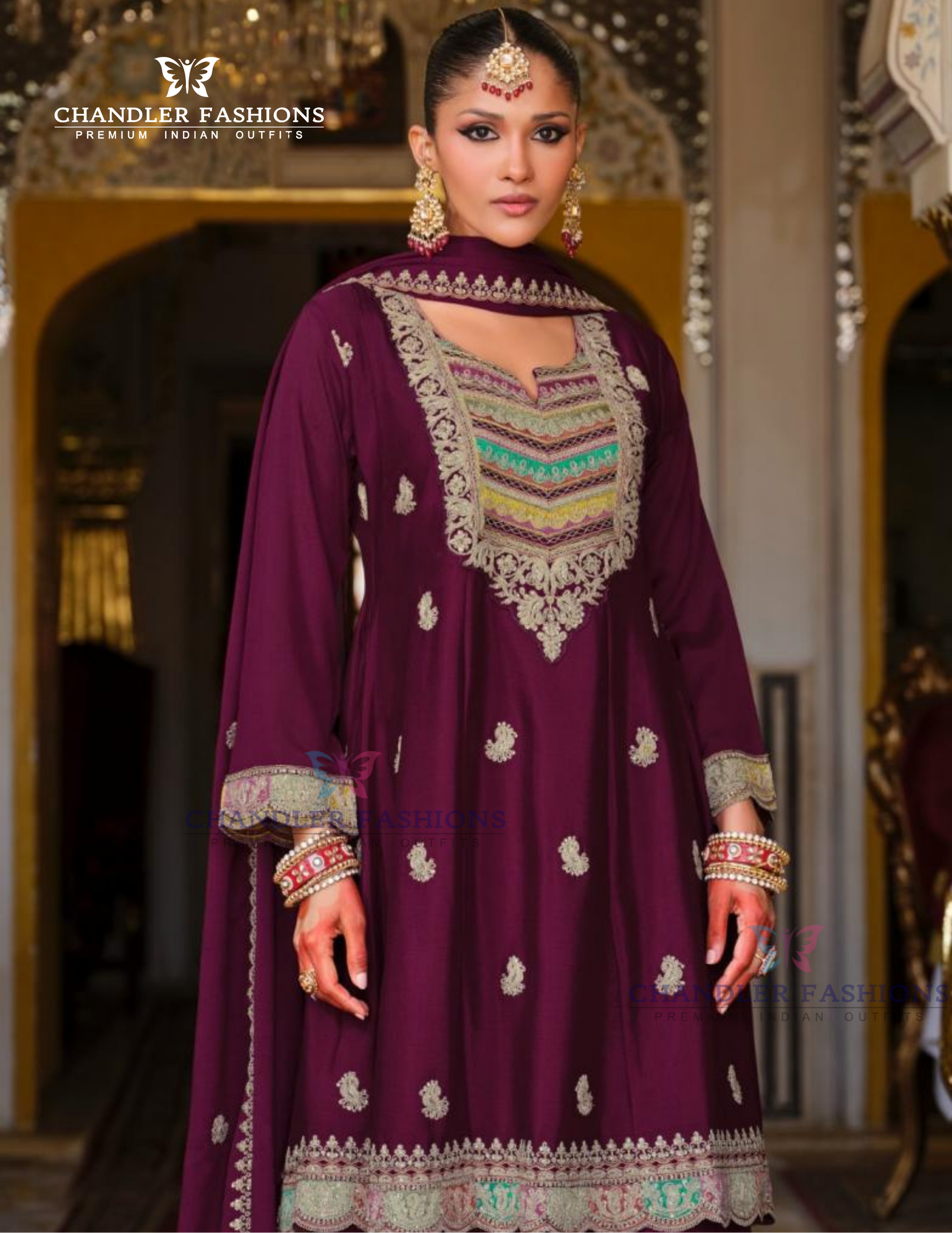 Stunning Wine Color Heavy Chinon With Embroidery Work Palazzo Suits Near Me