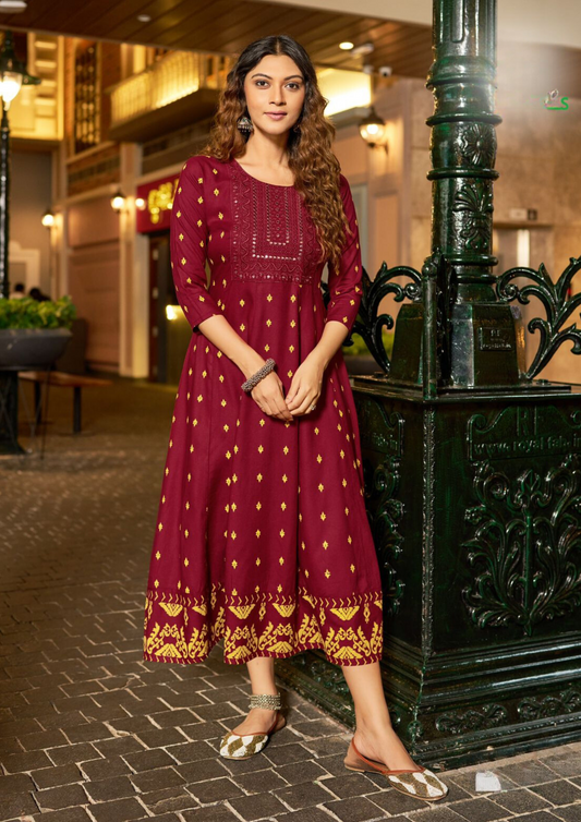 Dazzling Red Colored Rayon With Neck Embroidery work Kurti For Women