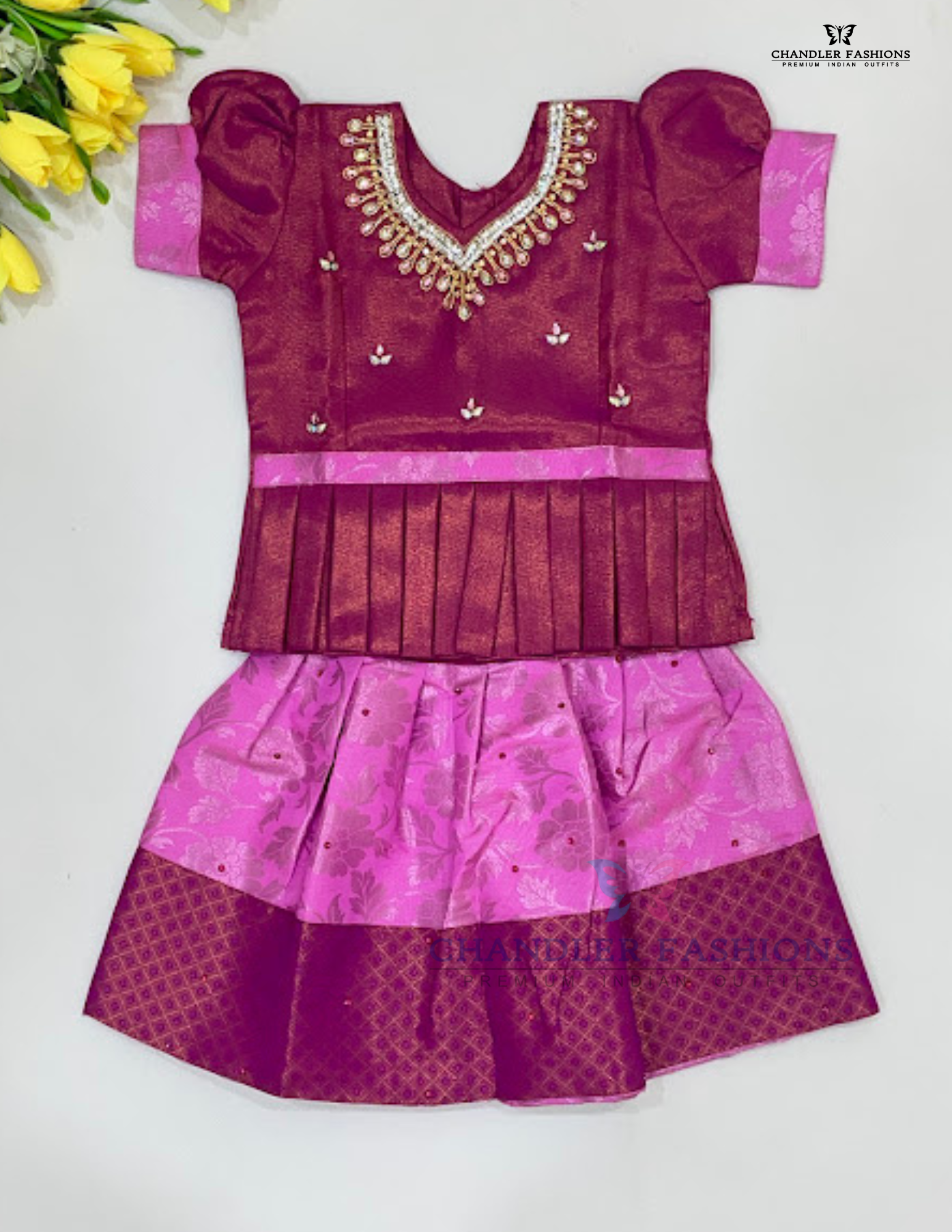 Delightful Pink Color Soft Silk With Stone Work Langa Set For Kids