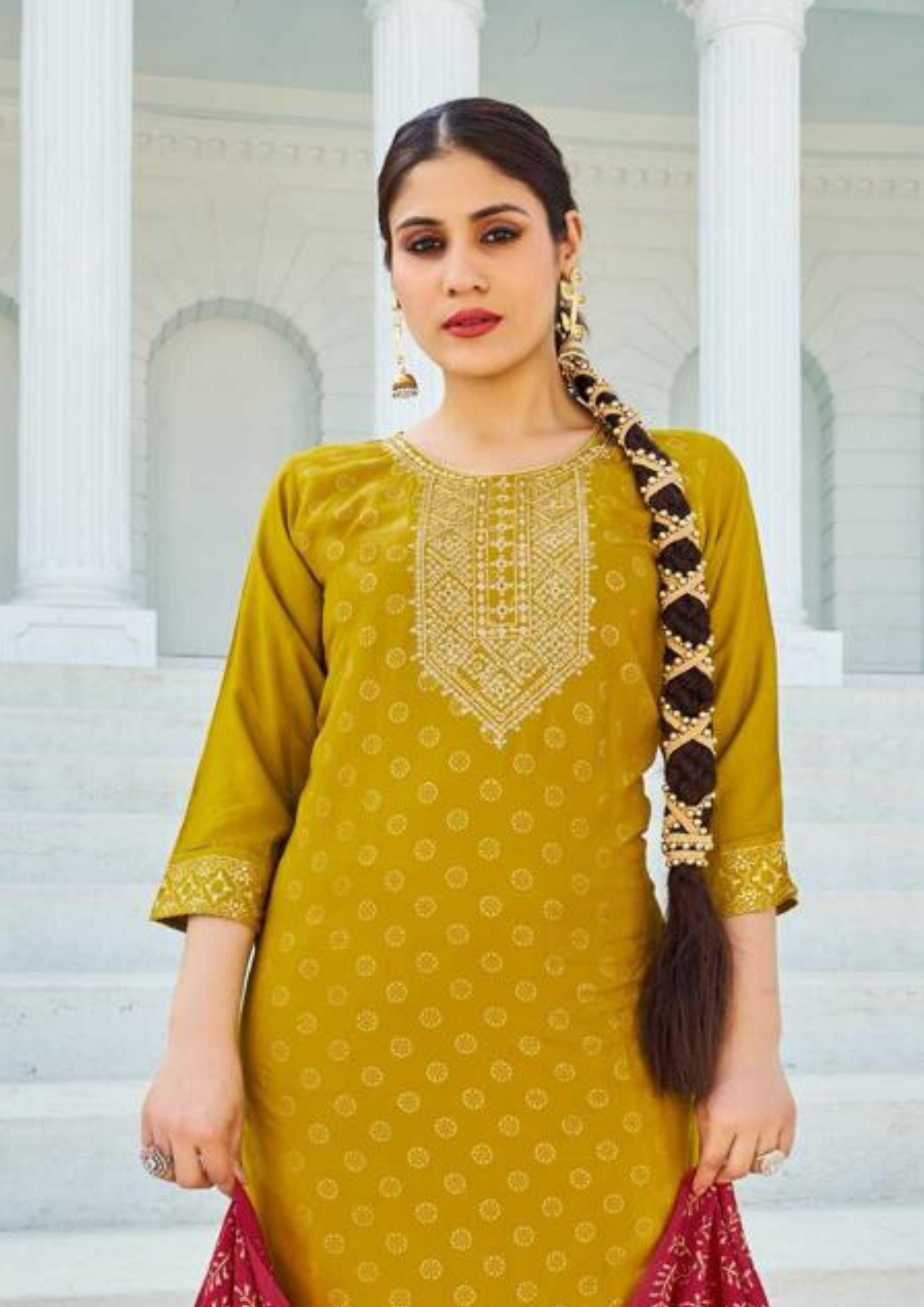 Pleasing Mustard Yellow Rayon With Foil Print Kurti  Near Me