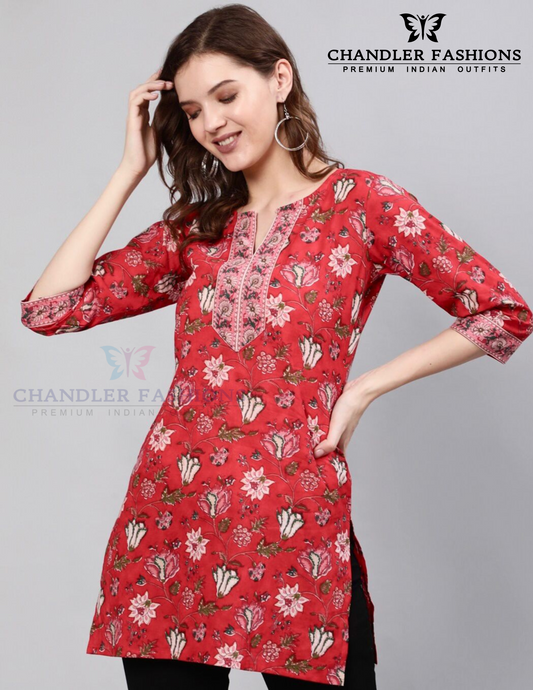 Attractive Red Color Cotton With Printed Work Short Kurti For Women