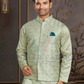 Attractive Light Green Color Silk Mastani Thread Work Kurta With Pajama And Jacket Set For Men