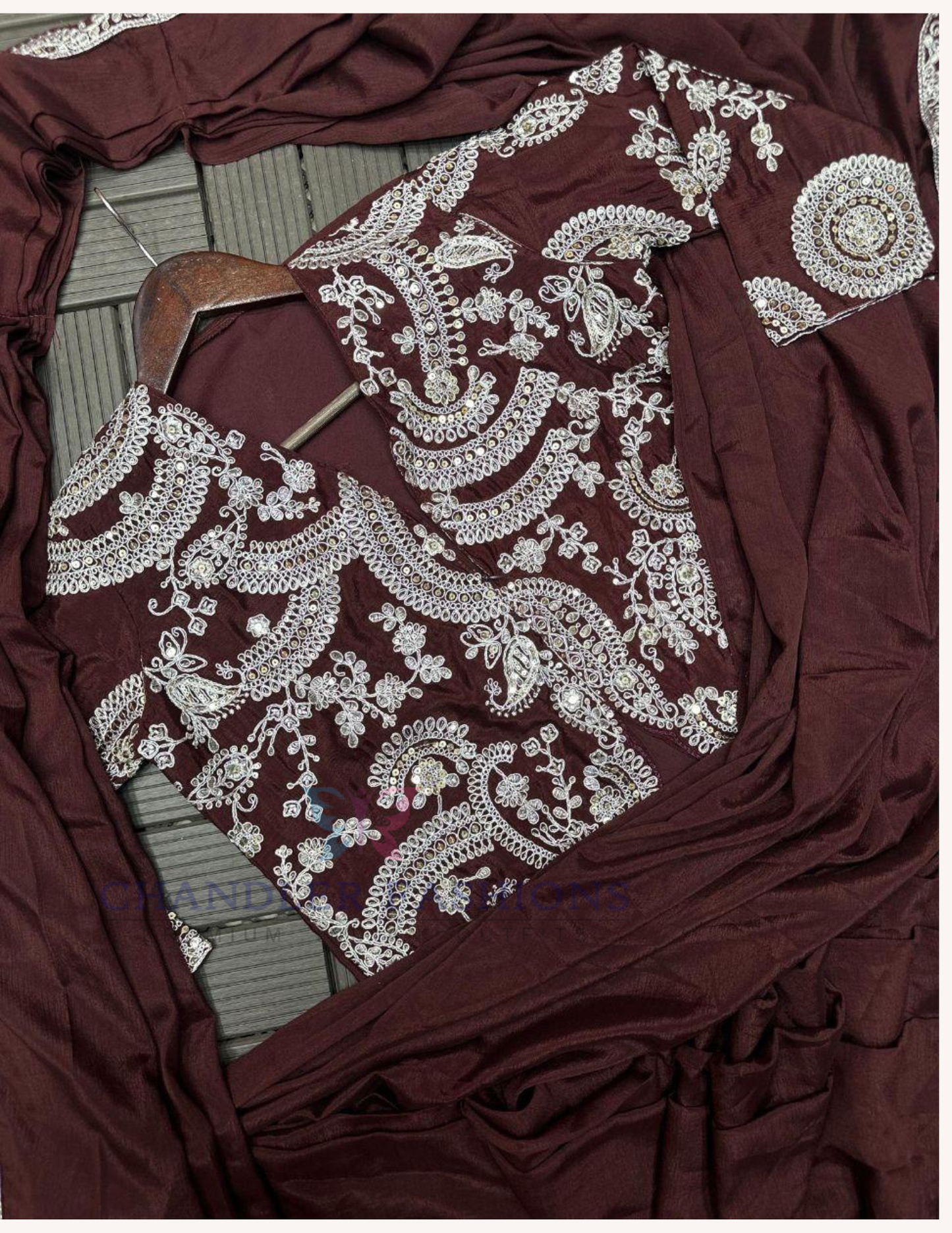 Gorgeous Brown Color Heavy Chinon Ready To Wear Saree For Women