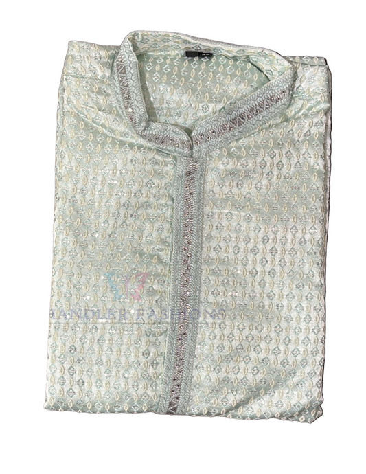 Stunning Sea Green Color Raw Silk With Sequins Work Kurta Suits For Men