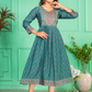 Teal Green Color Screen Print Flared Long Kurti With Computer Embroidery Yock With Lace Kurti For Women