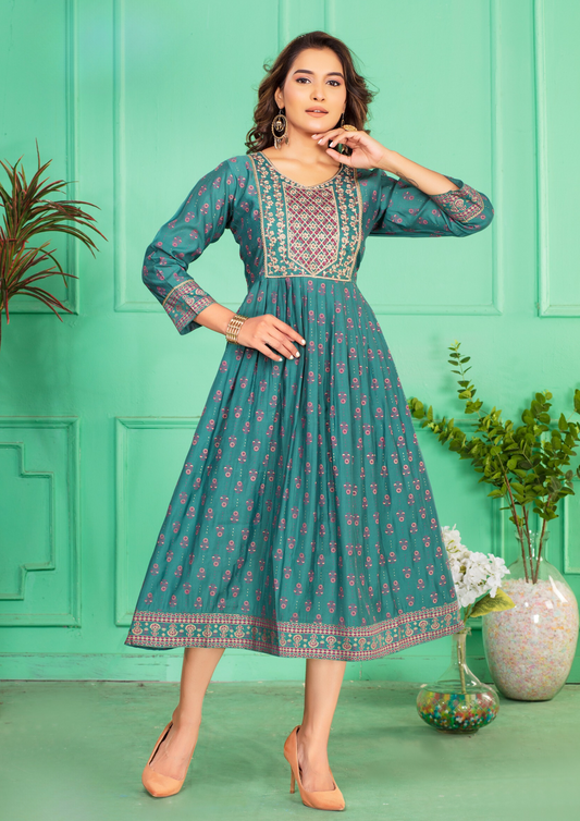 Teal Green Color Screen Print Flared Long Kurti With Computer Embroidery Yock With Lace Kurti For Women