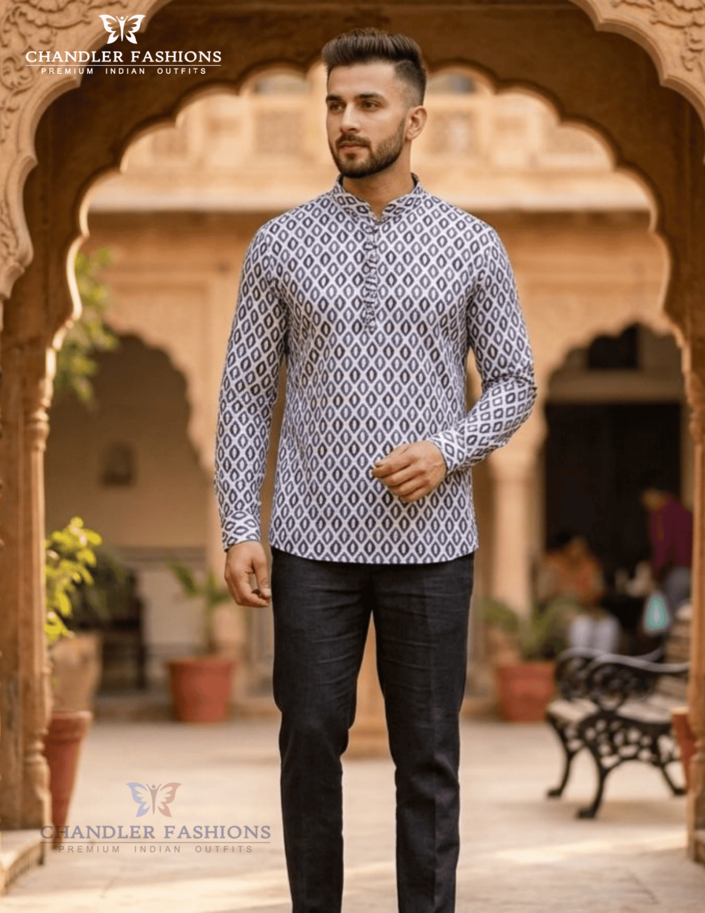 Delightful White And Blue Color With Printed Work Short Kurta For Men