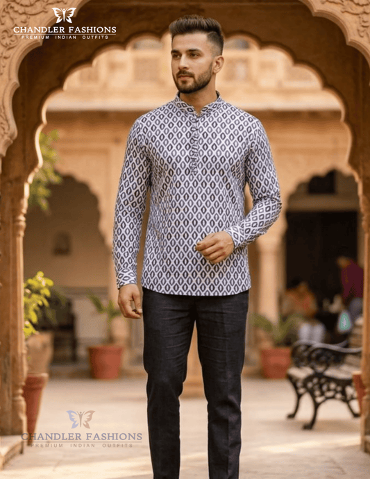 Delightful White And Blue Color With Printed Work Short Kurta For Men