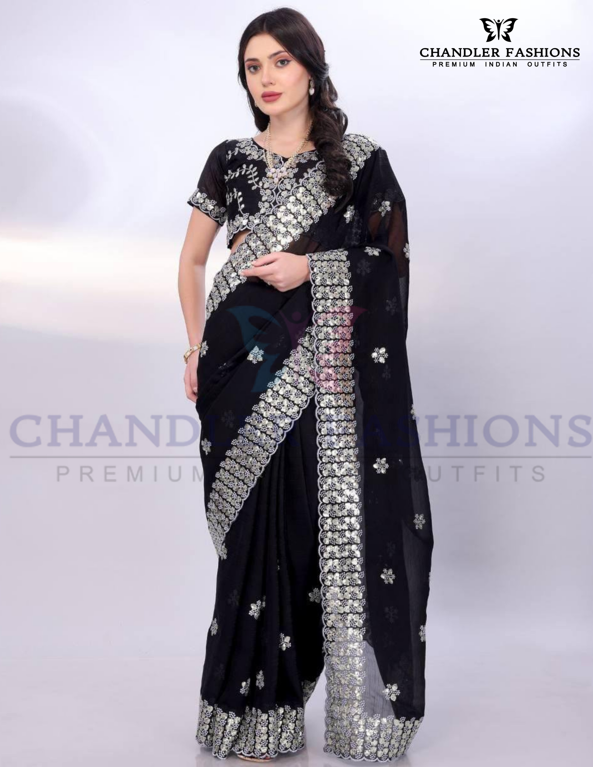 Elegant Black Color Gold Tussar Sequins Saree With Embroidery Work