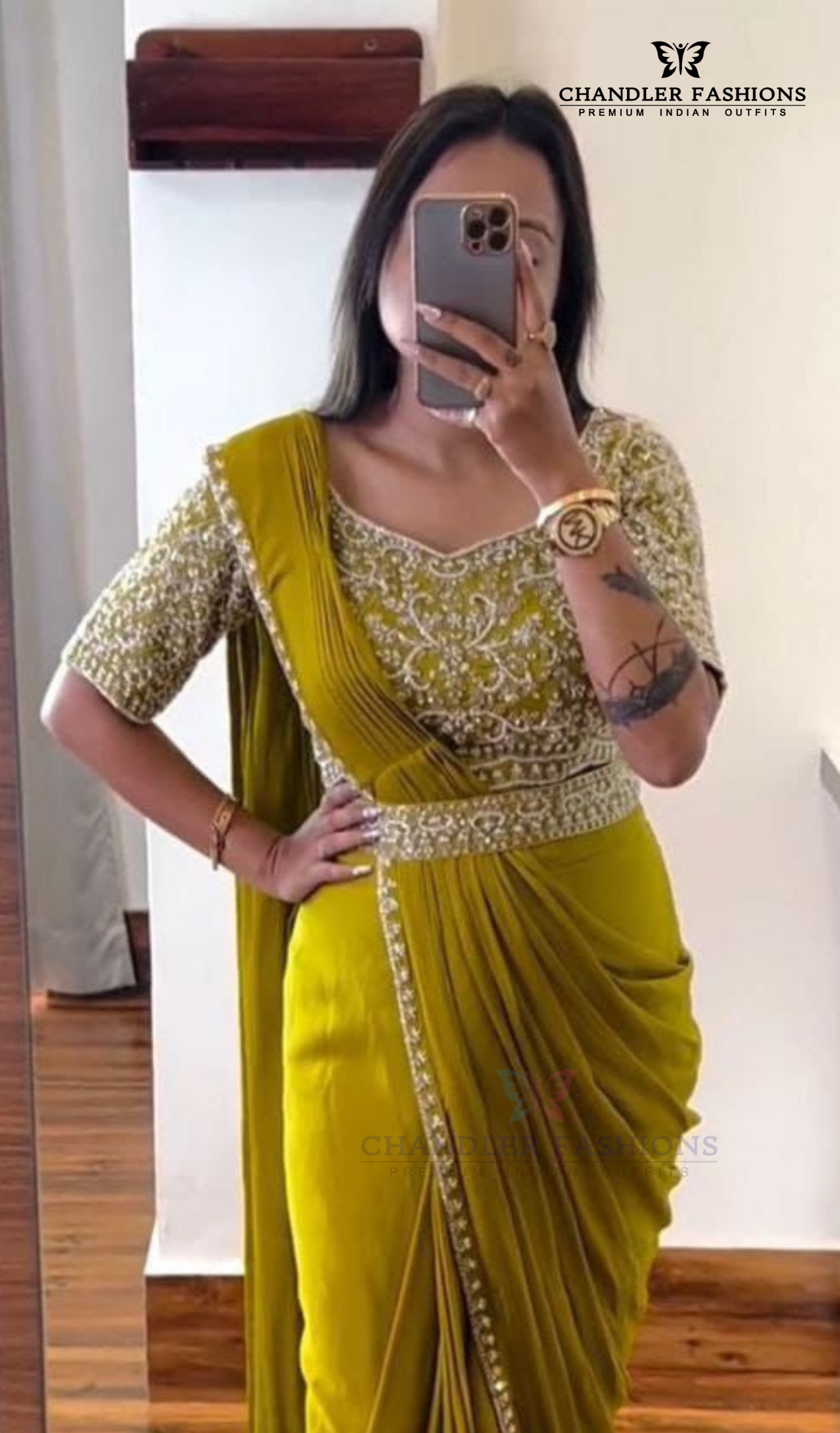 Gorgeous Lime Green Color Chinon Ready To Wear Saree For Women