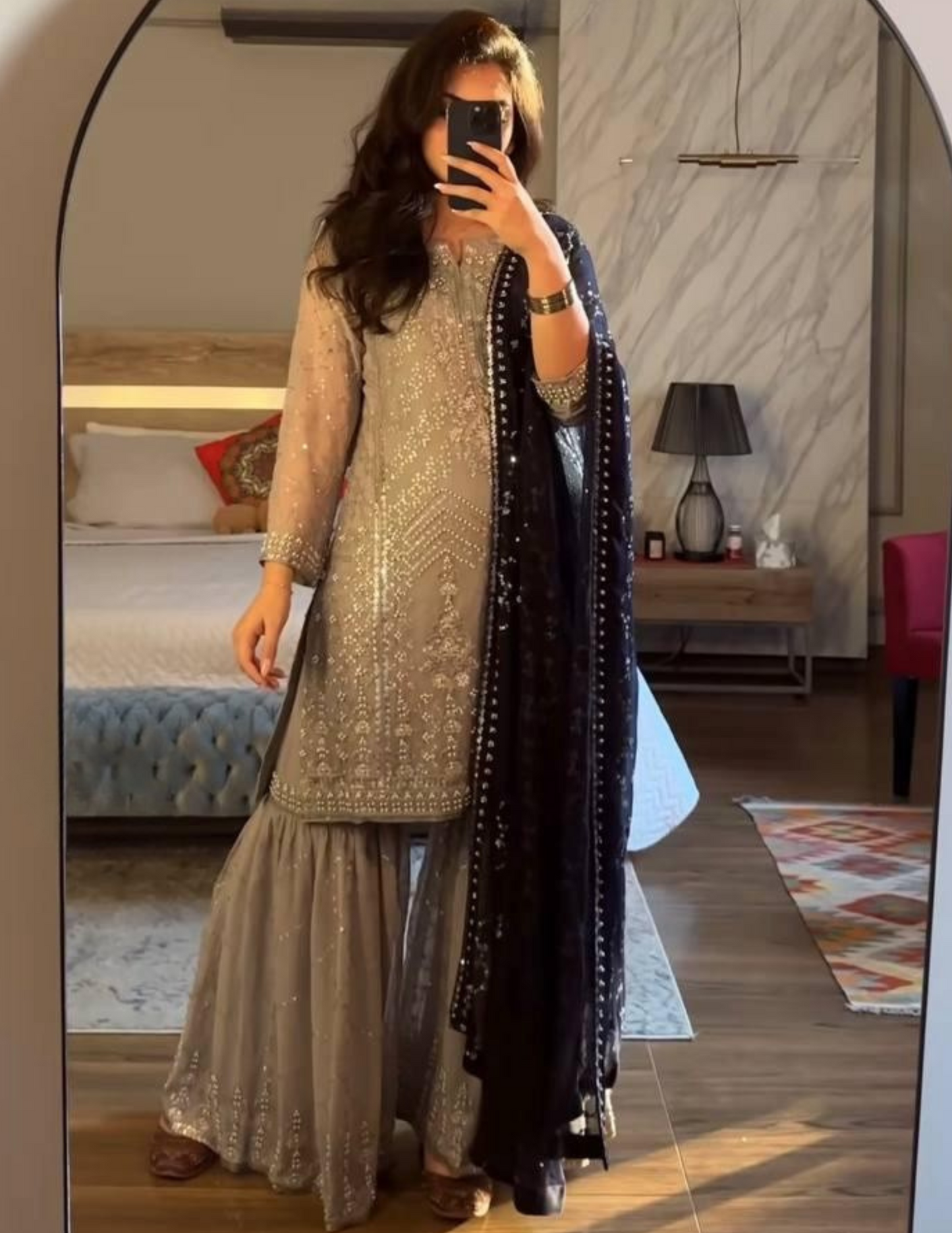 Pretty Gray Color Sharara Suit Beads Work For Women In USA