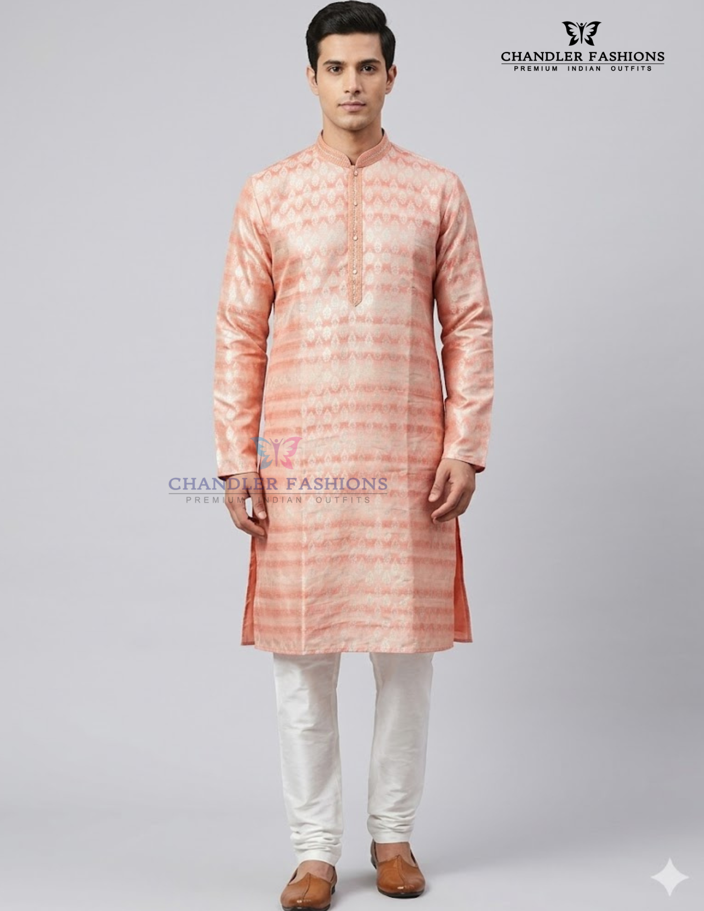 Beautiful Peach Color Brocade Kurta With Pajama For Men