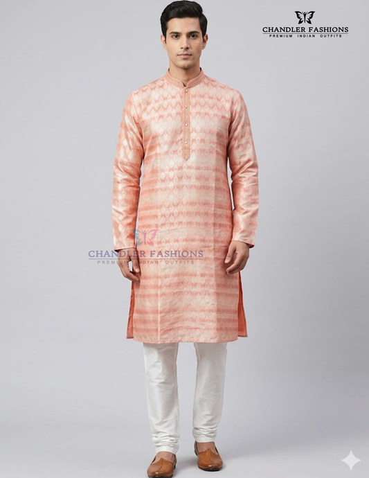 Beautiful Peach Color Brocade Kurta With Pajama For Men